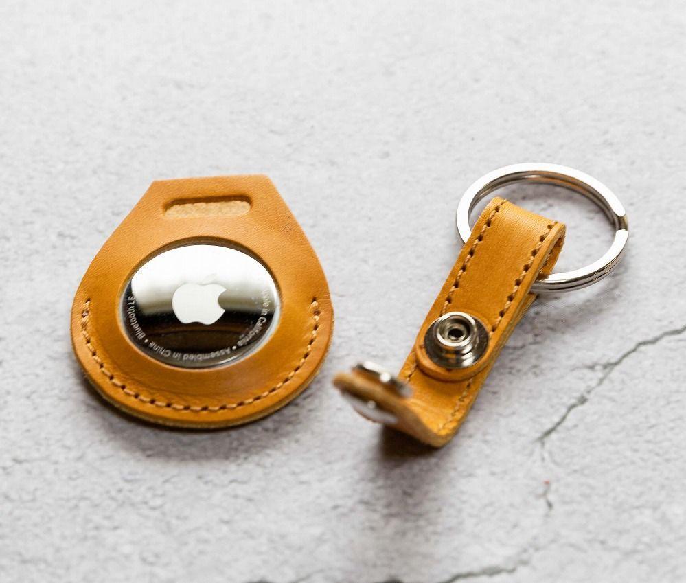 エアタグ用 キーホルダー カバー レザー 本革 キーリング apple airtag 【イエロー】