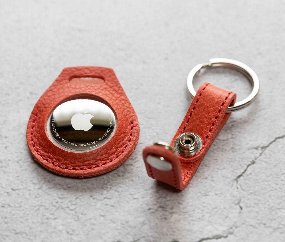 エアタグ用 キーホルダー カバー レザー 本革 キーリング apple airtag 【レッド シュリンク】