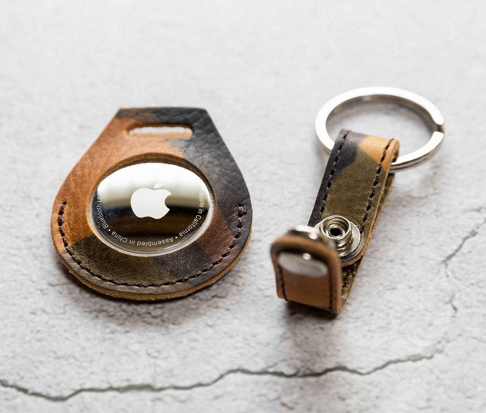 エアタグ用 キーホルダー カバー レザー 本革 キーリング apple airtag 【カモフラージュ ライト】