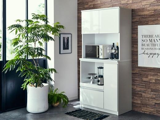 【開梱設置】食器棚 レンジ台 幅88.8cm ナポリ 鏡面ホワイト キッチンボード 幅90 家具