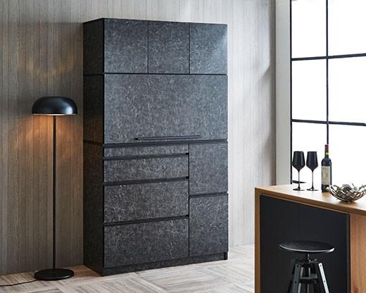 【開梱設置】食器棚 レンジ台 ナポリスライドアップ扉タイプ 幅120 ストーンブラック キッチンボード 家具