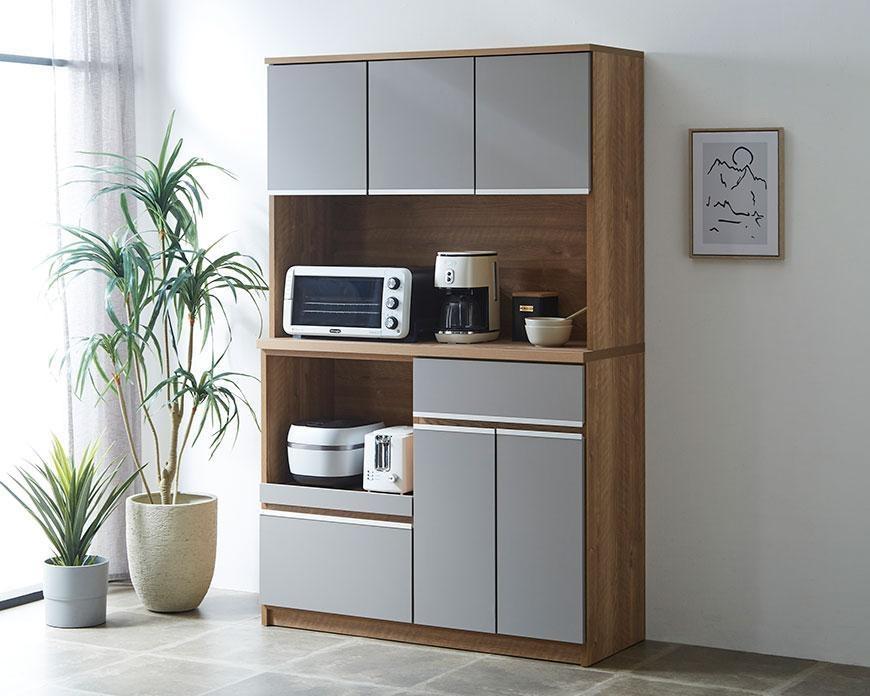 【開梱設置】食器棚 レンジ台 幅116.3cm ナポリ ナチュラルグレージュ フルカスタム(モイス・コンセント・開き戸耐震ラッチ・ソフトクローズ・引出ソフトクローズ)キッチンボード幅120 大川家具