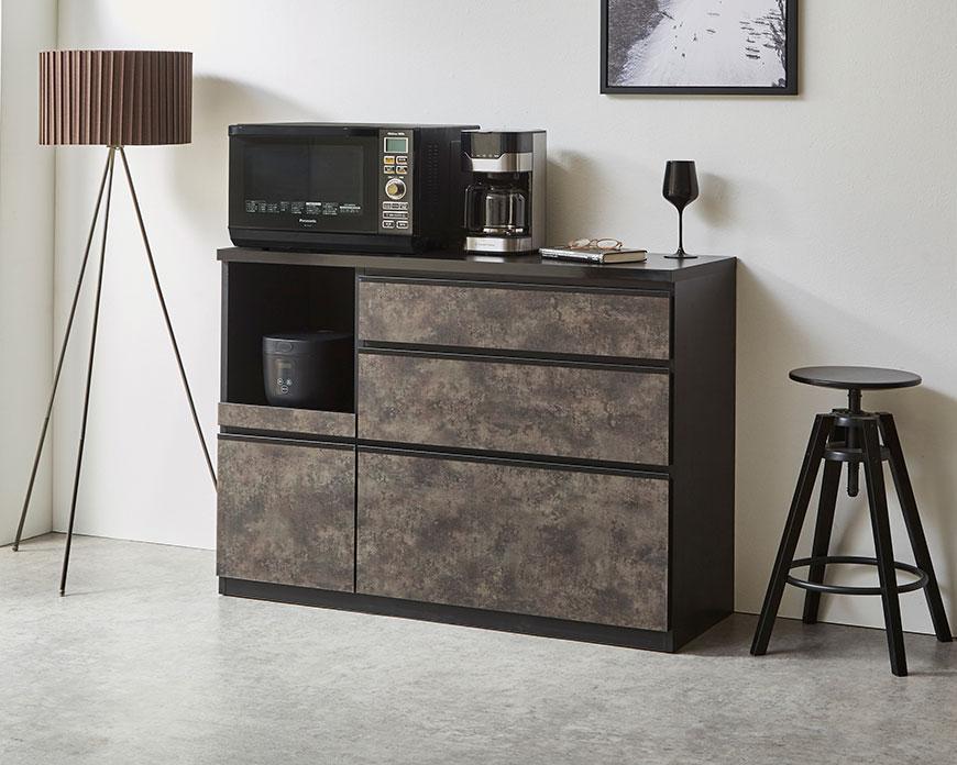 【開梱設置】キッチンカウンター レンジ台 アンサンブル 幅119.7cm 黒洛