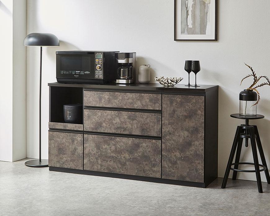 【開梱設置】キッチンカウンター レンジ台 アンサンブル 幅159.2cm 黒洛