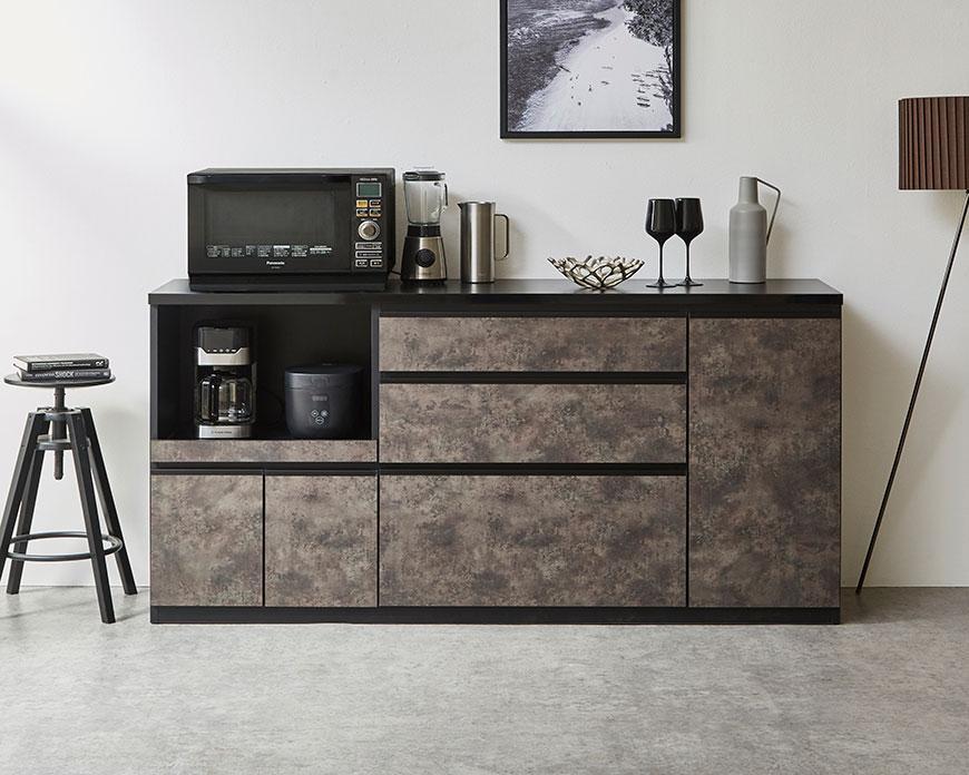 【開梱設置】キッチンカウンター レンジ台 アンサンブル 幅178.6cm 黒洛