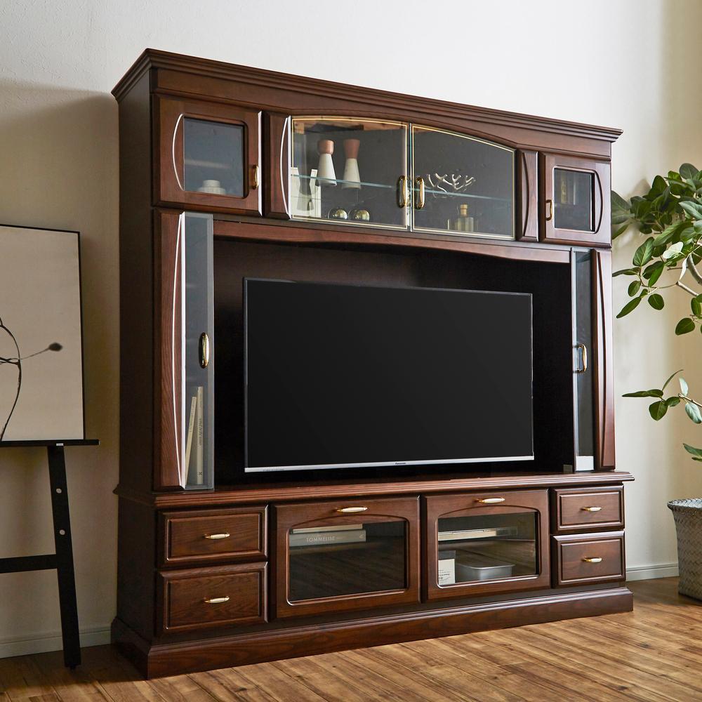 バーボン 幅200cm 壁面収納 テレビボード 壁掛けアーム付 テレビ台 リビング収納 ガラス棚 無垢 高級 大川家具【開梱設置】