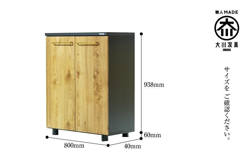 大川家具　シューズボックス　ゾロ ロータイプ 800L（NA) 幅80cm 高さ93.8cm ブラック基調 モダン 　国内製造