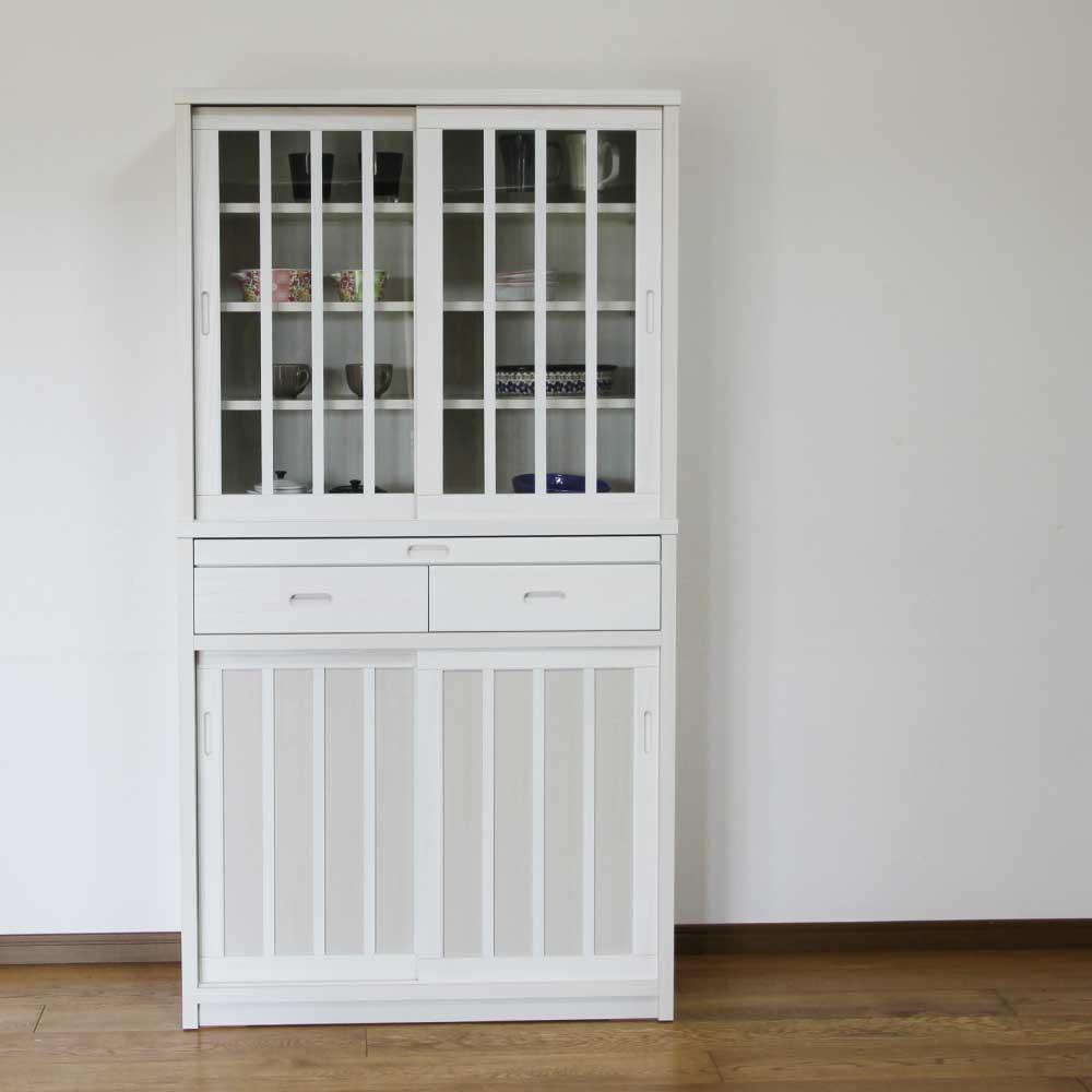 90幅 カップボード 鎌倉 食器棚 キッチンボード キッチン収納 カップボード ダイニングボード カウンター付き 桐 和風モダン 90cm かまくら 和モダン シンプル ホワイト色