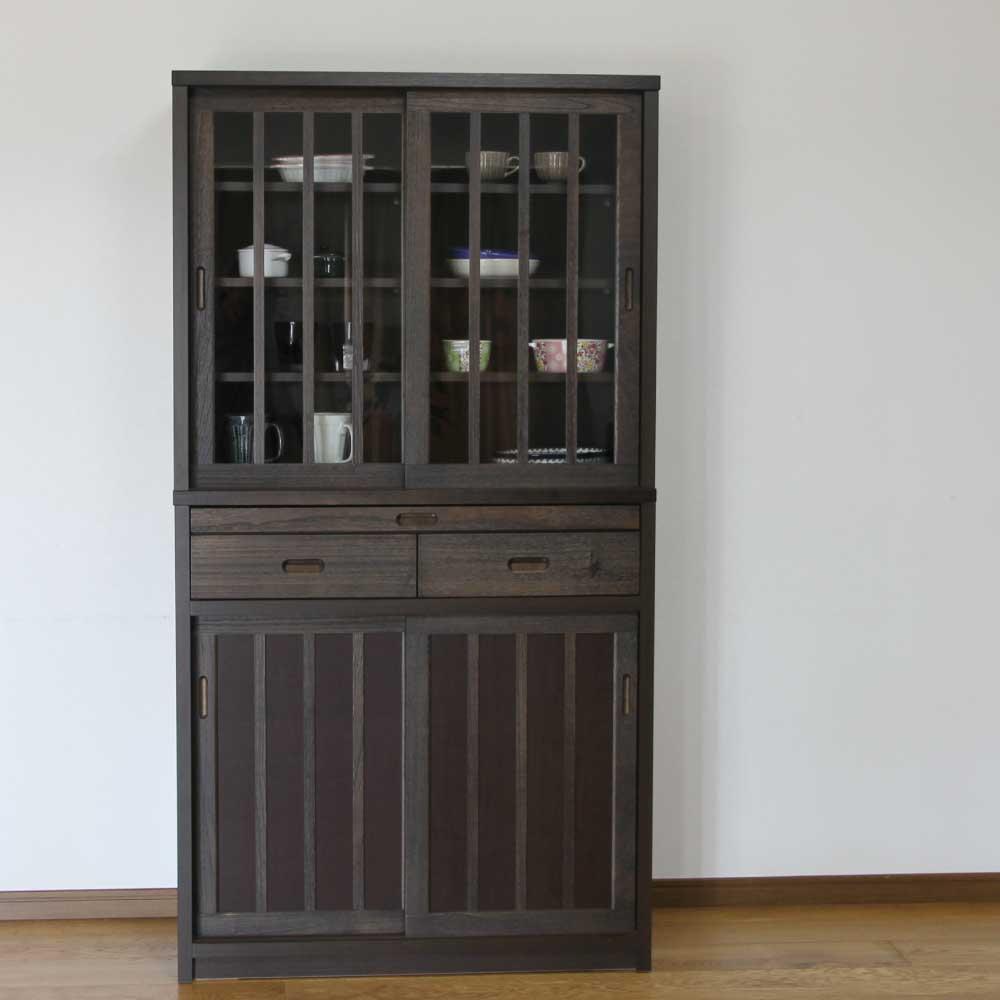 90幅 カップボード 鎌倉 食器棚 キッチンボード キッチン収納 カップボード ダイニングボード カウンター付き 桐 和風モダン 90cm かまくら 和モダン シンプル ダークブラウン色