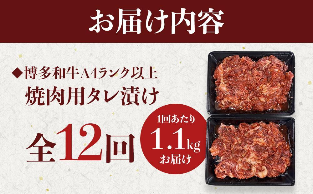 【定期便全12回】博多和牛A4ランク以上焼肉用タレ漬１.1kg