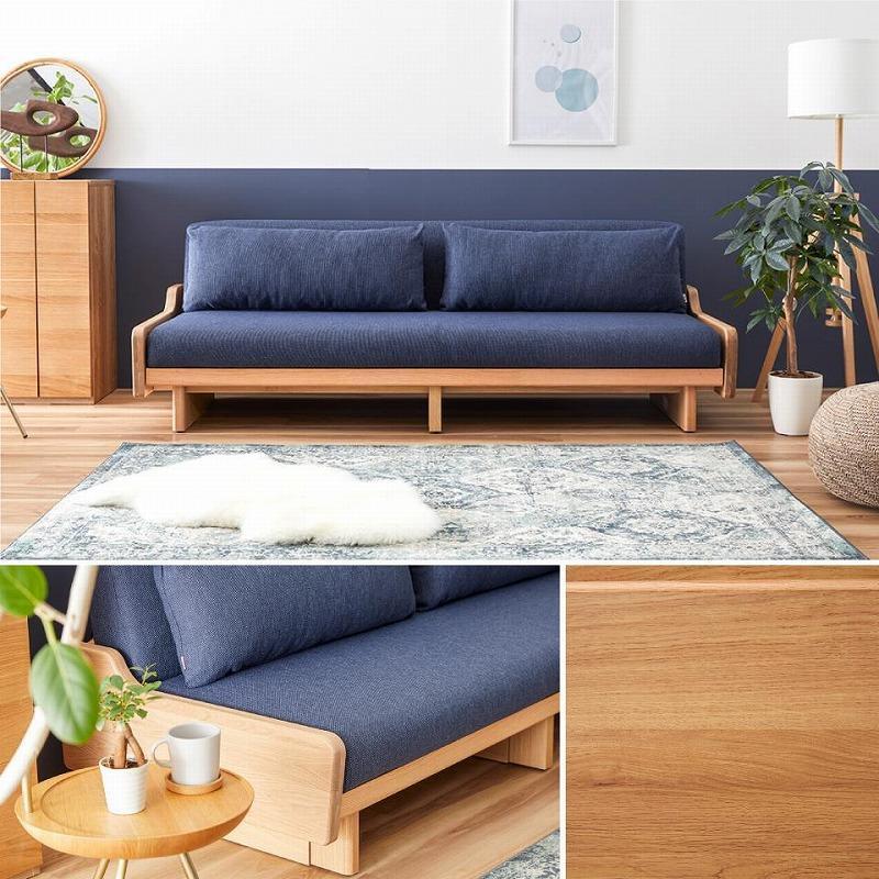 ソファ ソファベッド 幅200 ルイス 200ごろ寝ソファ＜オークブラウン×ネイビー＞【モーブル／大川家具】