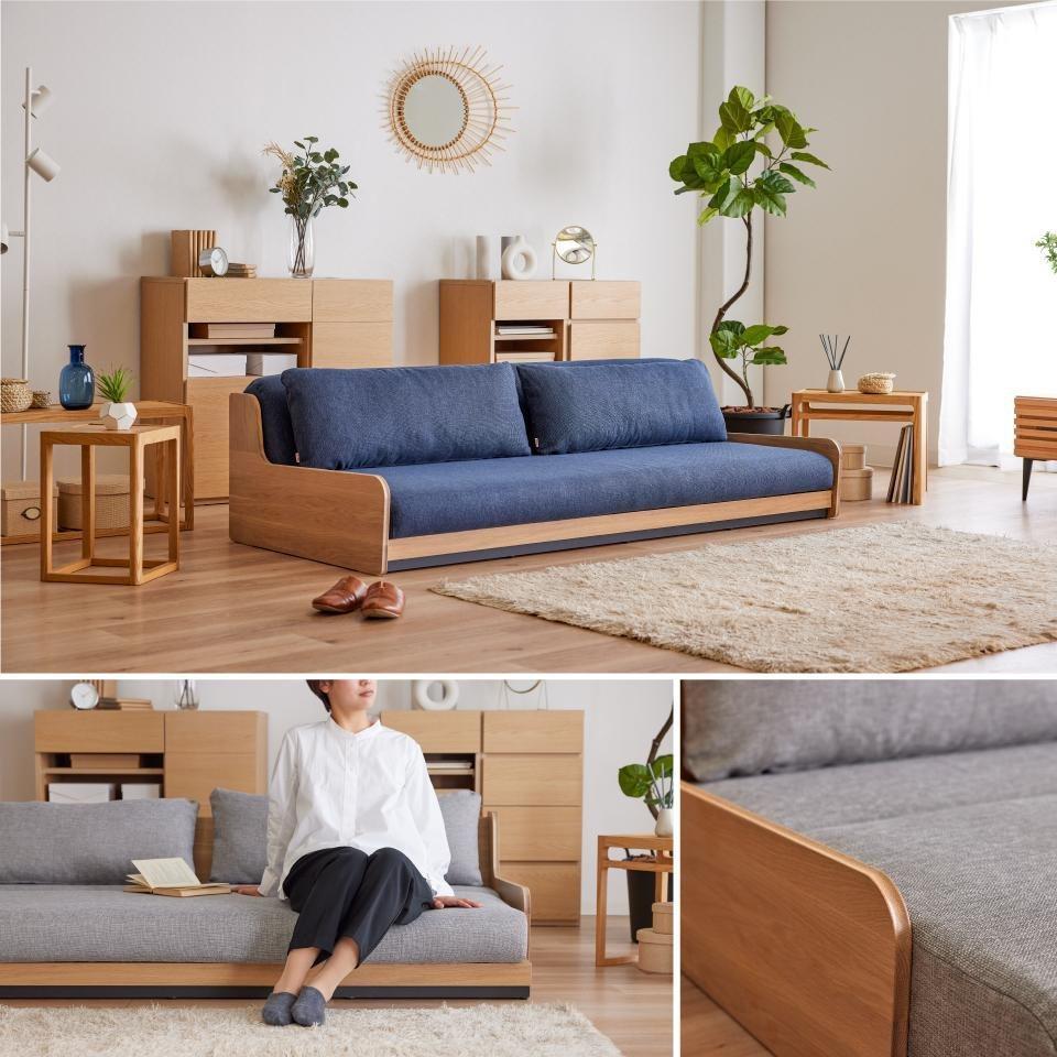 ソファベッド 3人掛け ローリー 200cm ごろ寝ローソファ：オークナチュラル×ネイビー【モーブル】【大川家具】