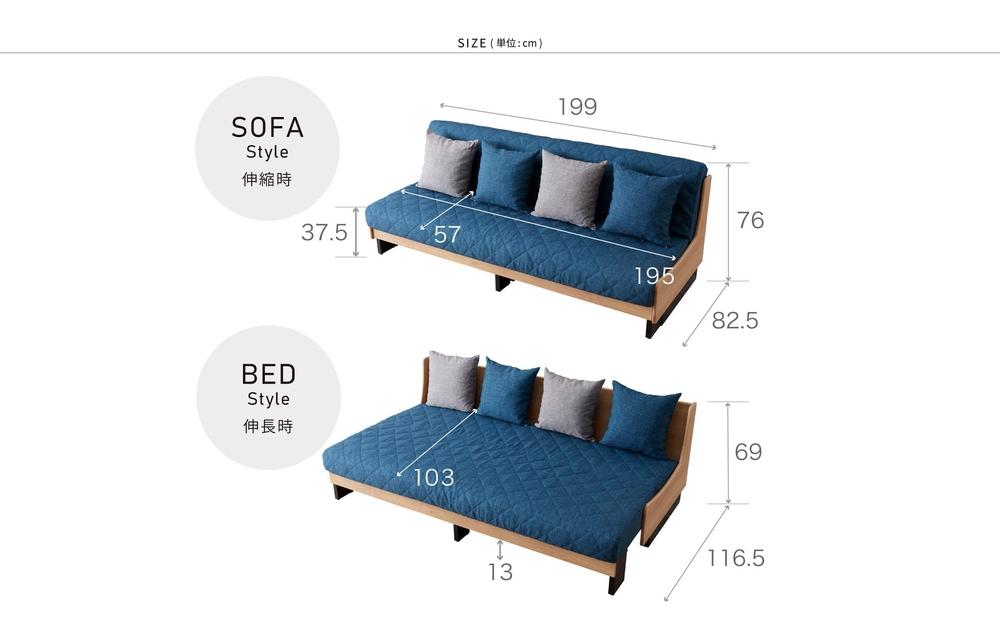 【 シェニール らくらくカバー セット ＜ピューターグレー＞ 】 ソファ ソファベッド 幅200 ドロシー2 ごろ寝ソファ ＜ナチュラル×ブルー＞【モーブル】【大川家具】