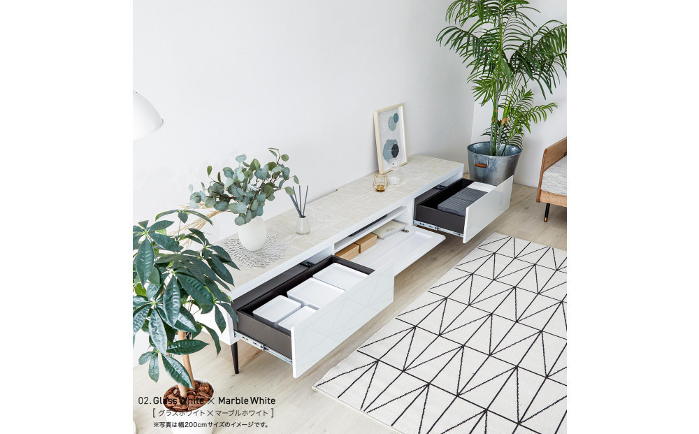 テレビボード 幅180cm ローボード テレビ台 リスボン グラスホワイト×マーブルホワイト 【モーブル】【大川家具】