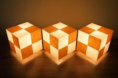 アクリキューブ行灯 Sサイズ 楮和紙無地(きなり) 桜ツキ板 市松