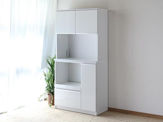 【開梱設置】食器棚 レンジ台 幅88.8cm ナポリ 鏡面ホワイト キッチンボード 幅90 家具
