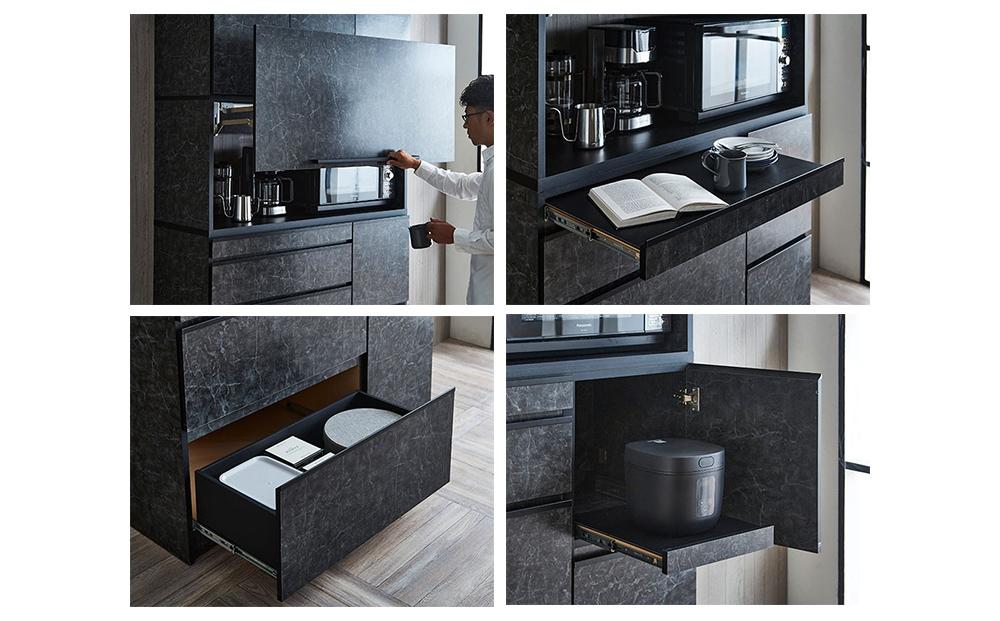 【開梱設置】食器棚 レンジ台 ナポリスライドアップ扉タイプ 幅120 ストーンブラック キッチンボード 家具