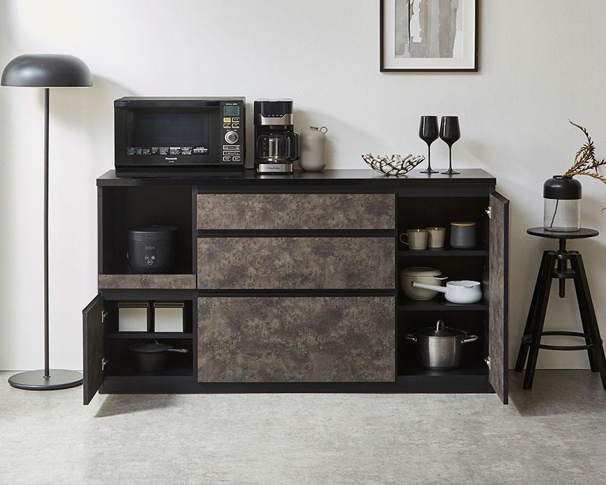 【開梱設置】キッチンカウンター レンジ台 アンサンブル 幅159.2cm 黒洛