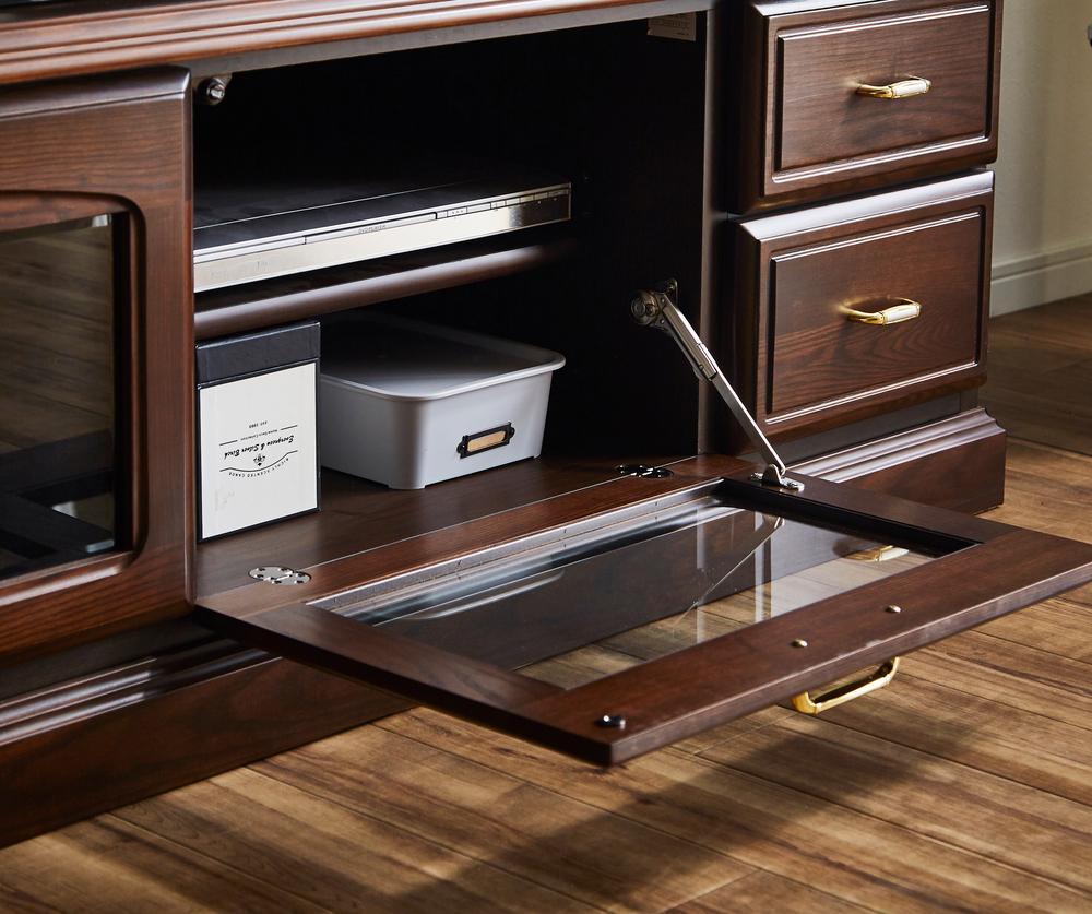 バーボン 幅200cm 壁面収納 テレビボード 壁掛けアーム付 テレビ台 リビング収納 ガラス棚 無垢 高級 大川家具【開梱設置】