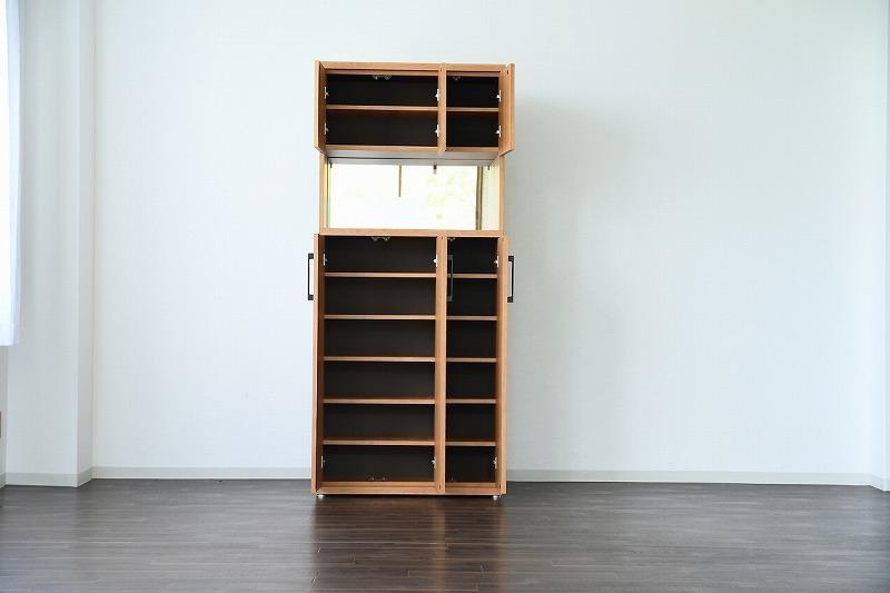 家具 靴 収納 玄関収納 幅80cm シューズボックス ラック オープン 鏡付き【ブラウン】