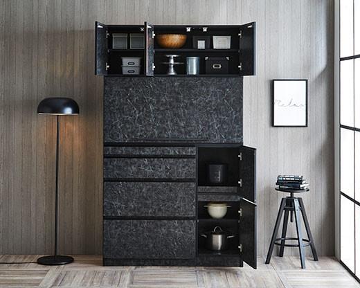 【開梱設置】食器棚 レンジ台 ナポリスライドアップ扉タイプ 幅120 ストーンブラック キッチンボード 家具