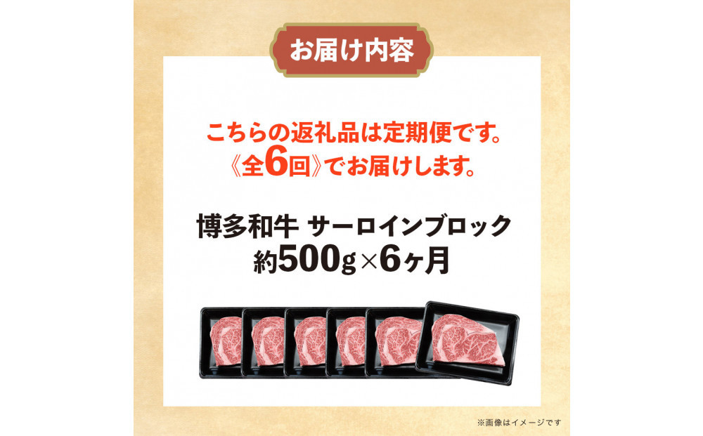 博多和牛 サーロインブロック 定期便全6回 計約3kg(約500g×6回)