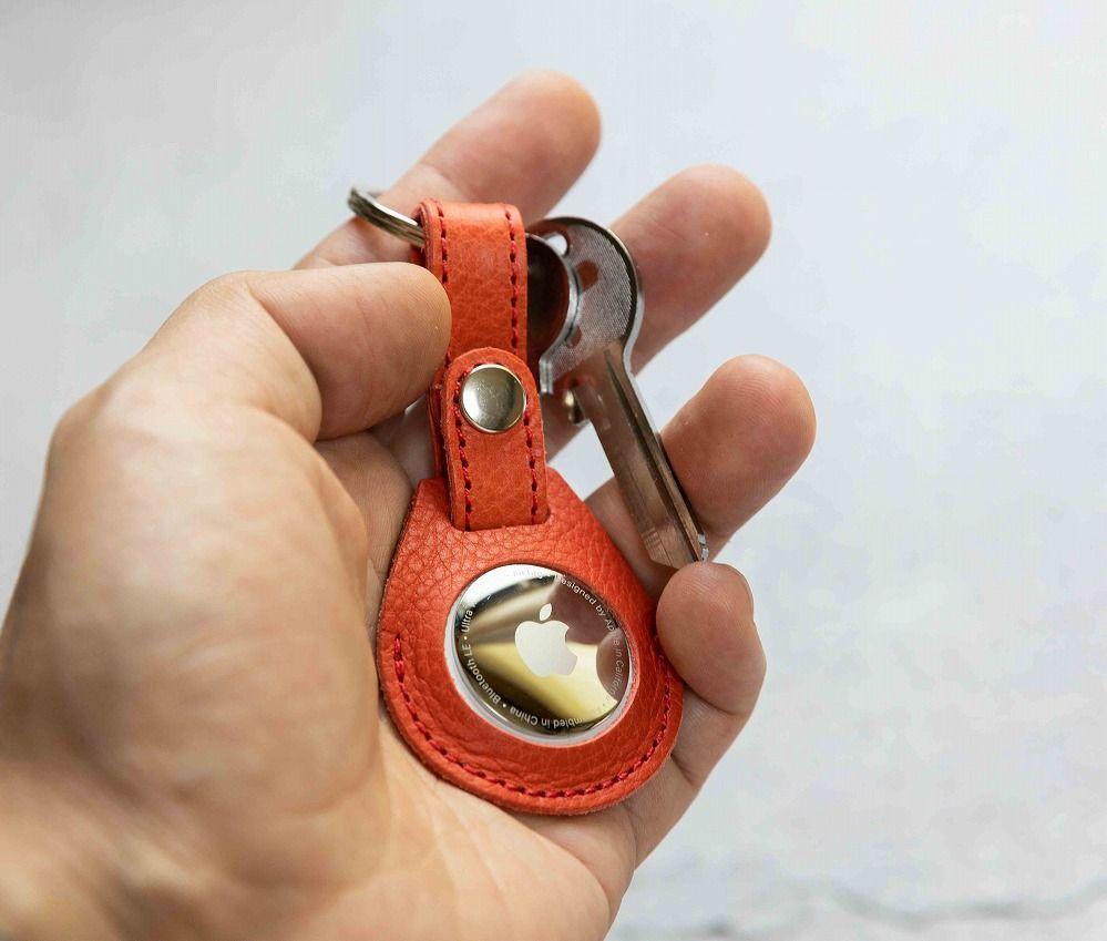 エアタグ用 キーホルダー カバー レザー 本革 キーリング apple airtag 【レッド シュリンク】