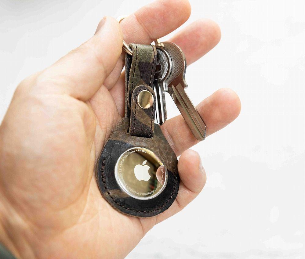 エアタグ用 キーホルダー カバー レザー 本革 キーリング apple airtag 【カモフラージュ ダーク】