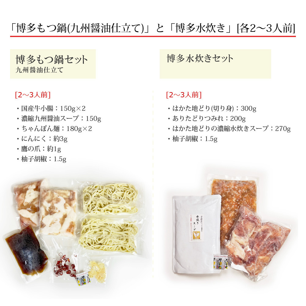 博多鍋セット【4】博多の人気2大鍋のセット「九州醤油もつ鍋」と「博多水炊き(切り身)」4～6人前 D23J