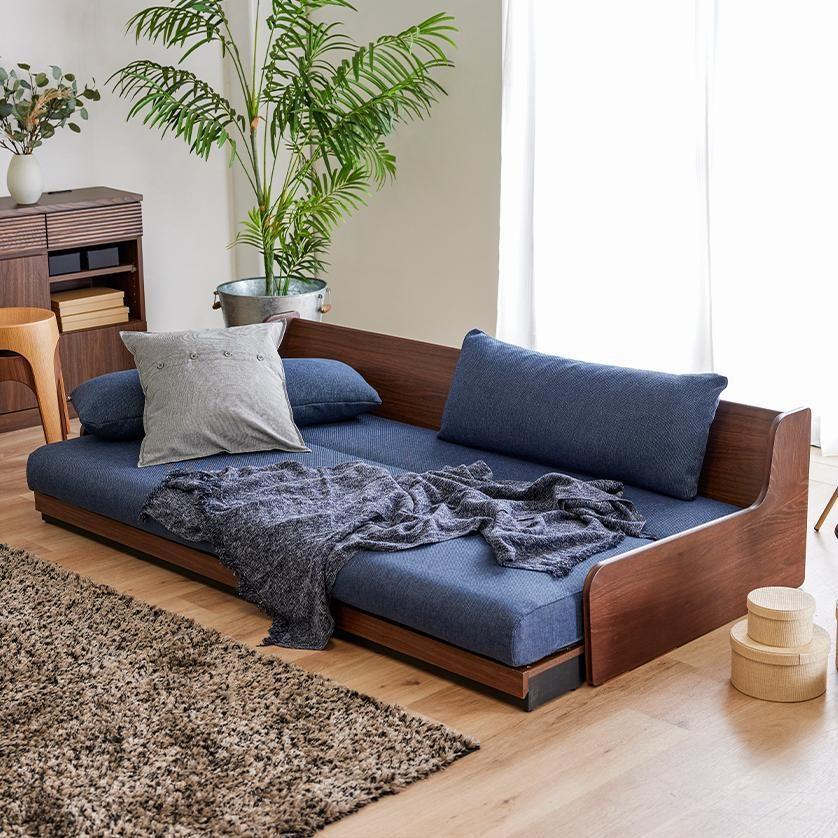 ソファベッド 3人掛け ローリー 200cm ごろ寝ローソファ：オークブラウン×ネイビー【モーブル】【大川家具】