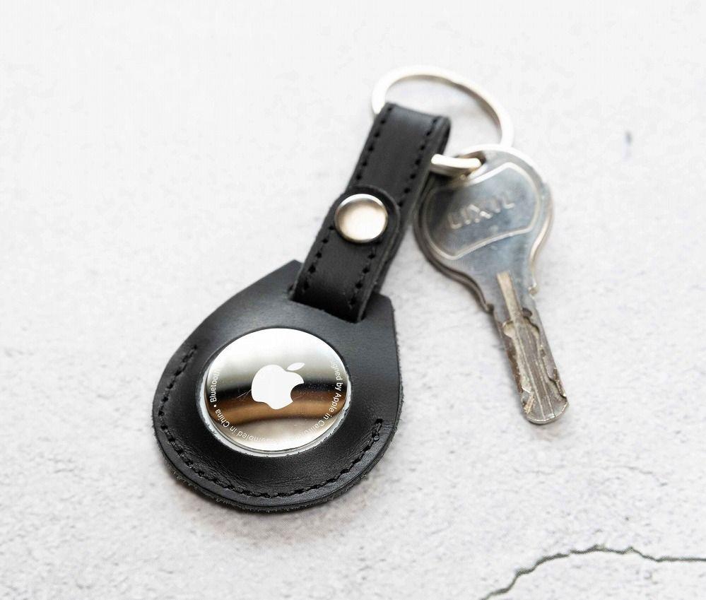 エアタグ用 キーホルダー カバー レザー 本革 キーリング apple airtag 【ブラック】