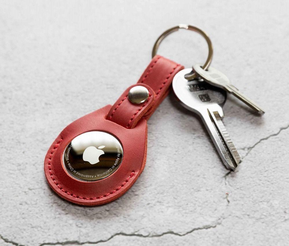 エアタグ用 キーホルダー カバー レザー 本革 キーリング apple airtag 【レッド】