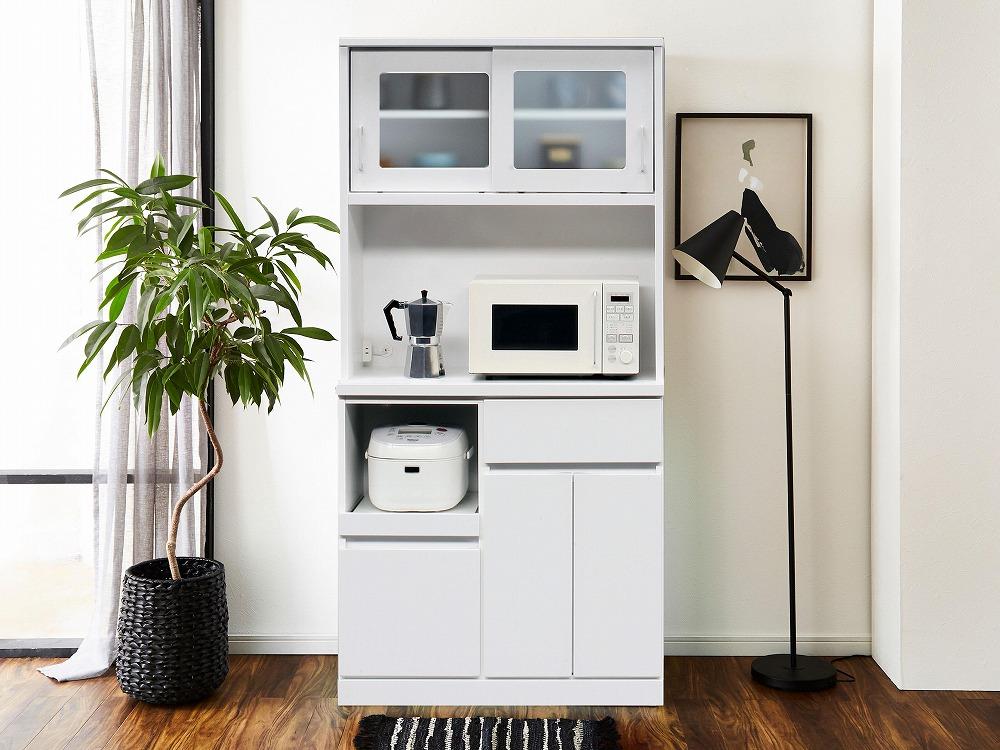 【開梱設置】食器棚 レンジ台 キッチンボード ブライト 幅89 鏡面 ホワイトパール レンジボード キッチン収納 大川家具 完成品 家具