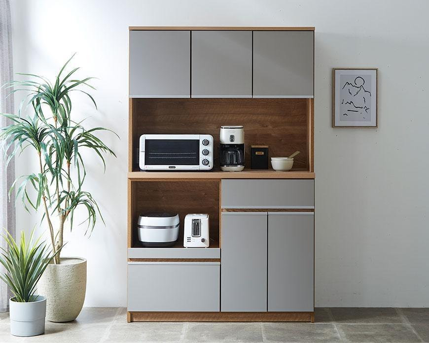 【開梱設置】食器棚 レンジ台 幅116.3cm ナポリ ナチュラルグレージュ フルカスタム(モイス・コンセント・開き戸耐震ラッチ・ソフトクローズ・引出ソフトクローズ)キッチンボード幅120 大川家具