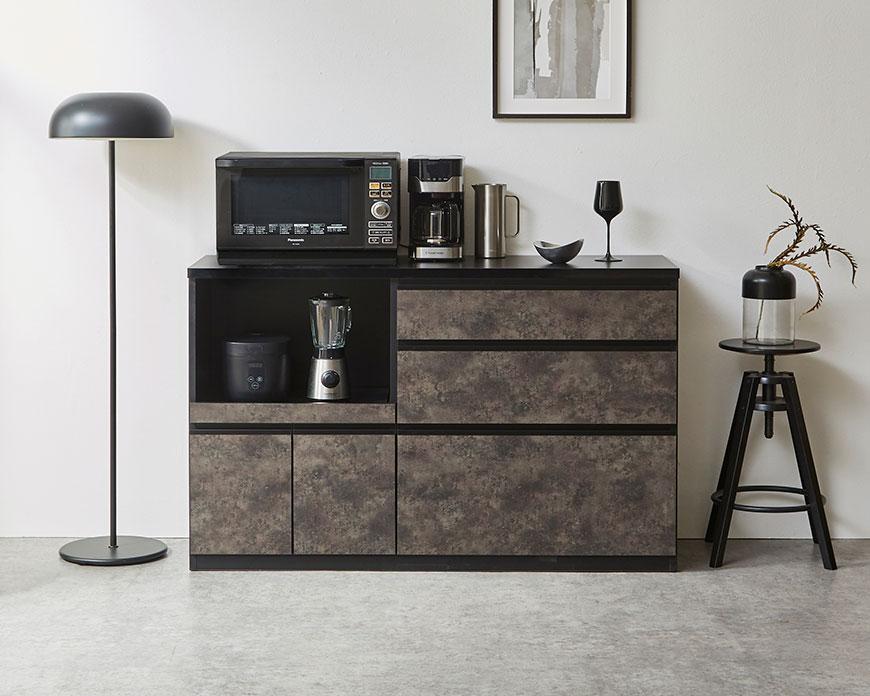 【開梱設置】キッチンカウンター レンジ台 アンサンブル 幅139.1cm 黒洛