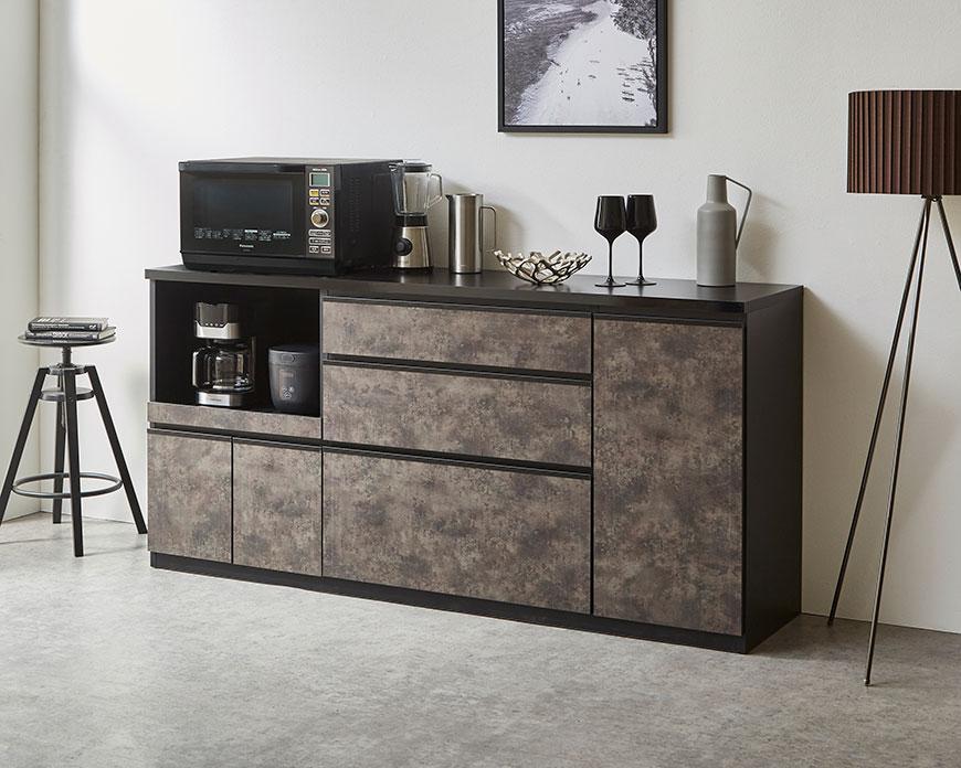 【開梱設置】キッチンカウンター レンジ台 アンサンブル 幅178.6cm 黒洛