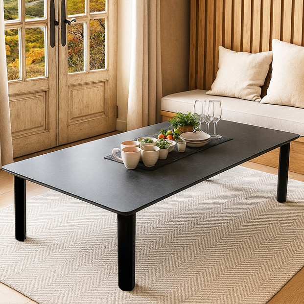 座卓 折りたたみ 100×90 完成品 大川家具 長方形 4人　6人 ダイニングテーブル センターテーブル ローテーブル （アルベル/TJ887KT74/フチ黒色/角R10/木製無垢材黒色折れ脚） 和モダン 和室 洋室 長机 リビング学習机 座卓テーブル 折り畳み 福岡県大川市