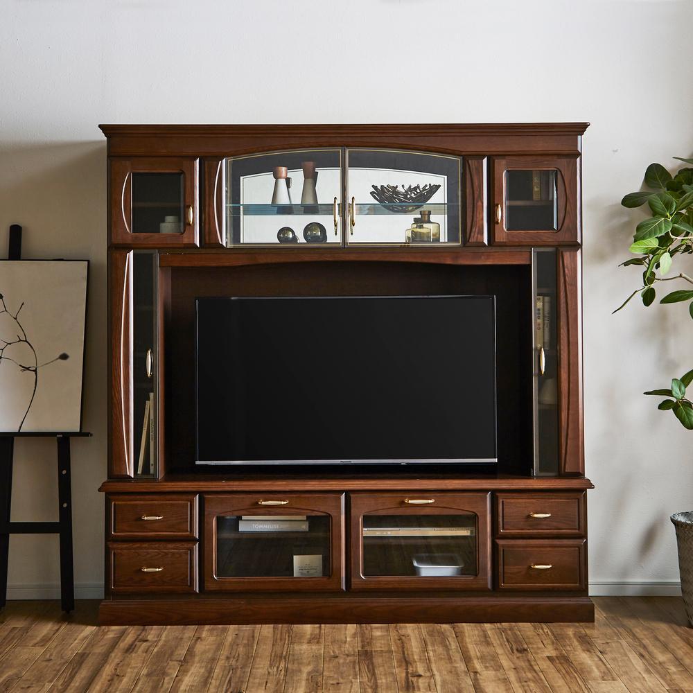 バーボン 幅200cm 壁面収納 テレビボード 壁掛けアーム付 テレビ台 リビング収納 ガラス棚 無垢 高級 大川家具【開梱設置】