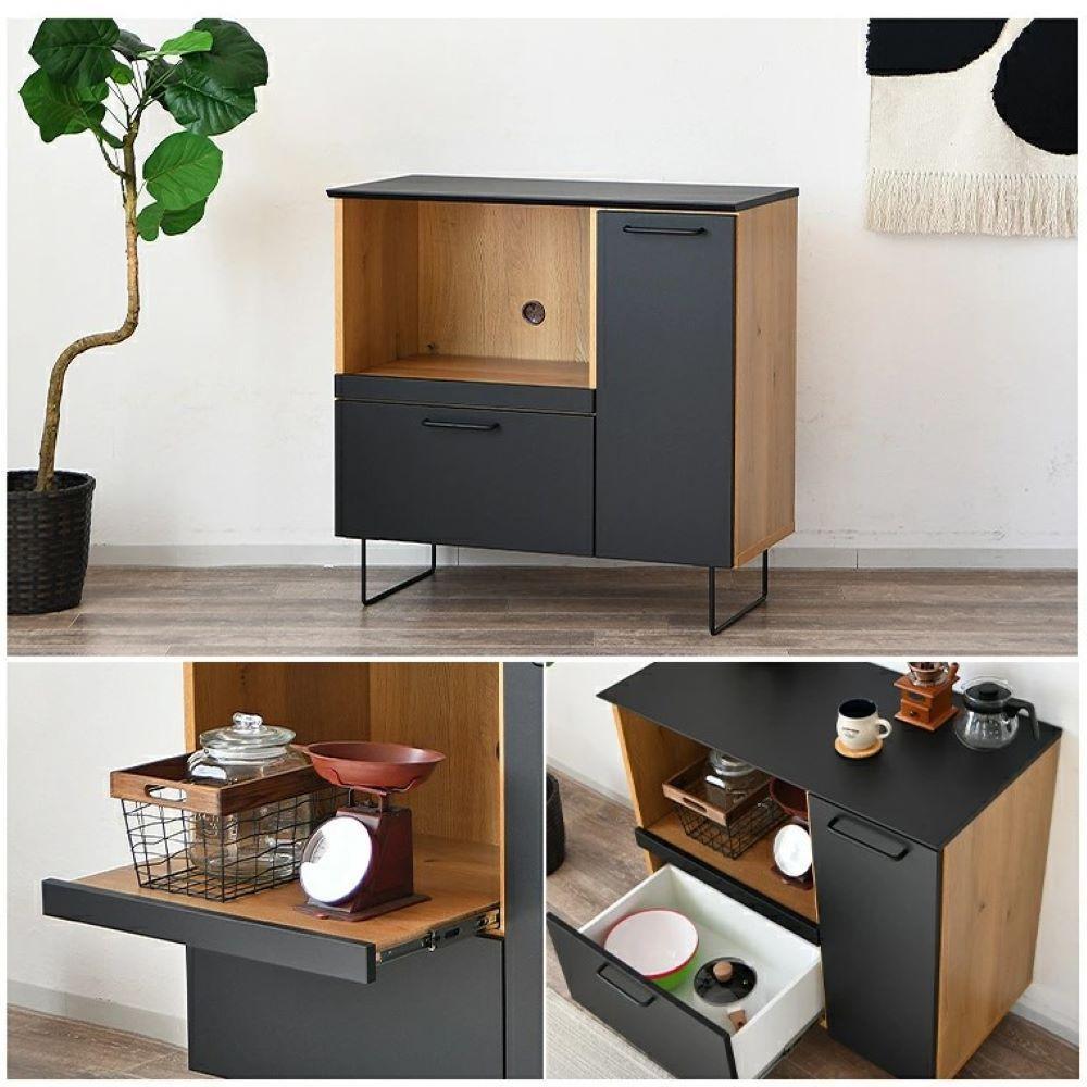 サイドボード 食器棚 レンジ台 木製 幅90cm ブラック おしゃれ メラミン 食器棚 カウンター下収納 リビングボード 日本製 木目調 脚付き