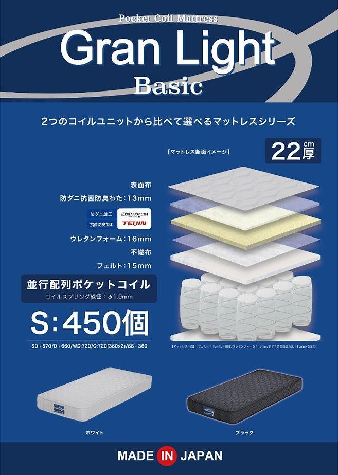 セミシングルサイズ 80cm幅 国産ポケットコイル マットレス グランライトベーシック【ホワイト】