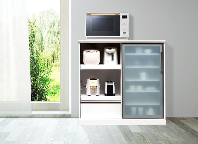 （ホワイト木目）【開梱設置】 リコ キッチンカウンター 幅120cm キッチンカウンター レンジ台 完成品 大型レンジ対応 スライド 大川家具