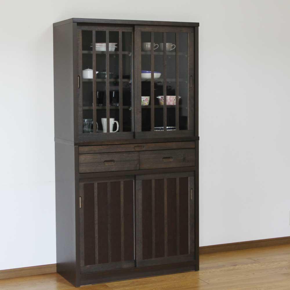 90幅 カップボード 鎌倉 食器棚 キッチンボード キッチン収納 カップボード ダイニングボード カウンター付き 桐 和風モダン 90cm かまくら 和モダン シンプル ダークブラウン色