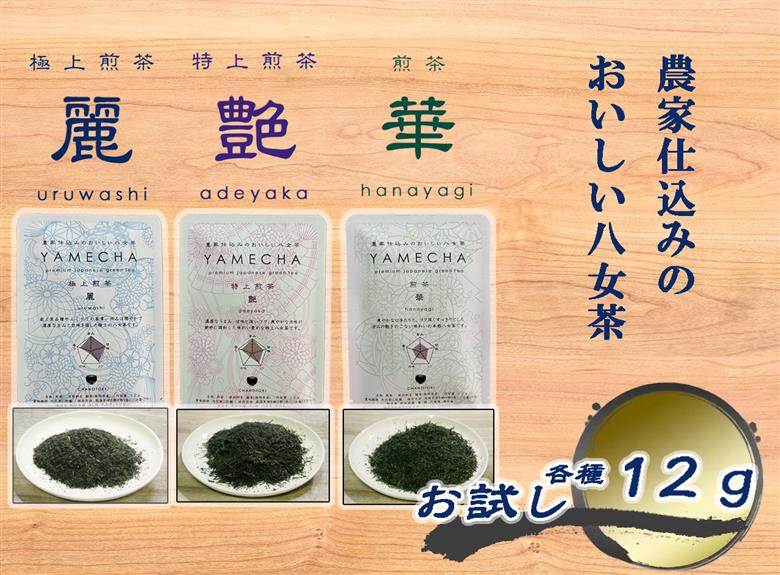 CE-080_【八女茶】原田茶園 お試し　極上煎茶　麗  １２ｇ、特上煎茶　艶　１２ｇ、煎茶　華　１２ｇ　計３６ｇ