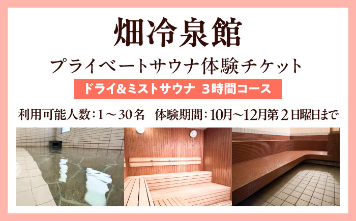 【西日本屈指の冷泉】名水・畑冷泉を独り占め。プライベートサウナ体験チケット 3時間コース（ミスト＆ドライサウナ） 《豊前》【豊前市畑活性化協議会】 [VEX003]