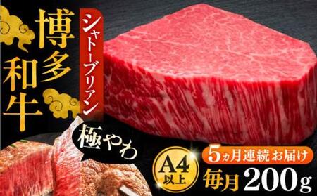 【全5回定期便】博多和牛 ヒレ シャトーブリアン 200g × 1枚《豊前市》【久田精肉店】 [VBK026]