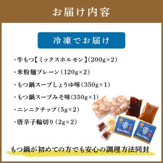 国産牛よくばりもつ鍋セット 醤油味2人前&みそ味2人前(計4人前)〆はマルゴめん 中間新名物の米粉麺【001-0043】