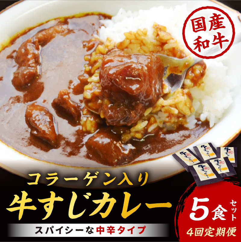 【4回定期便】ゴロッ!と入ったコラーゲン　博多和牛　牛すじカレー5食セット【001-0387】
