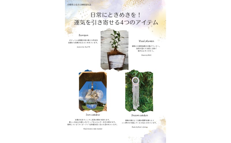 インテリア HAPPY BOX ～運気を引き寄せる4つのアイテム～ ガジュマル・木製プランター・サンキャッチャー・ドリームキャッチャー 雑貨