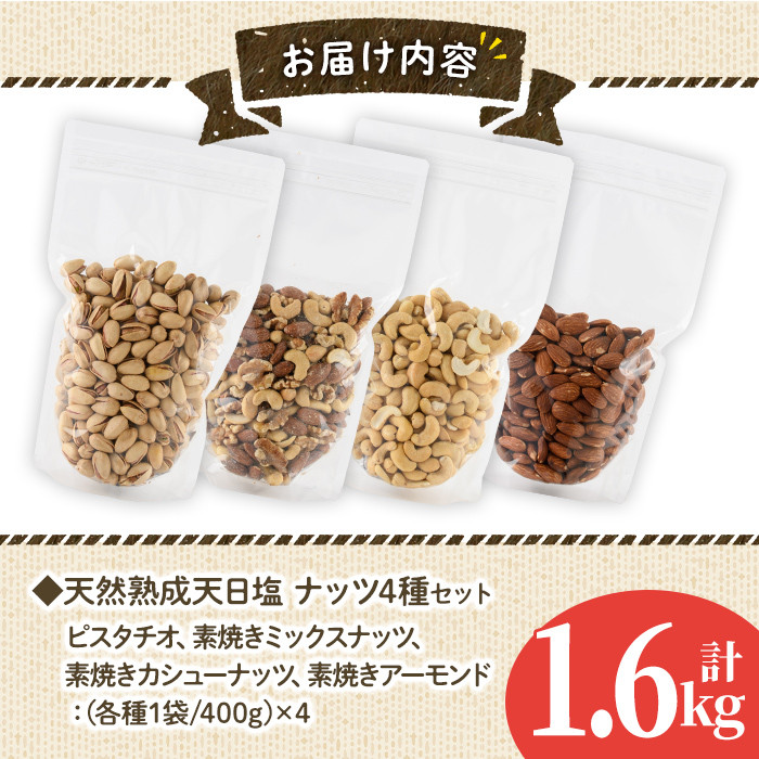 天然熟成天日塩 ナッツ4種セット(400g×4袋・合計1.6kg)ナッツ カシューナッツ ピスタチオ ミックスナッツ アーモンド 素焼きナッツ おつまみ おやつ 晩酌 常温 常温保存【ksg0086-C】【南国フルーツ】