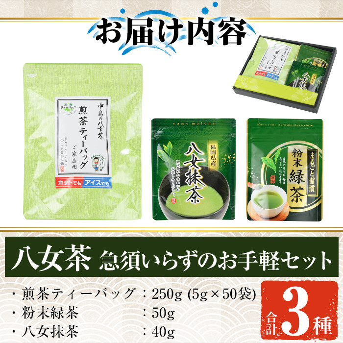 福岡銘茶八女茶 急須要らずのお手軽セット(便利なチャック付)(計340g)お茶 緑茶 煎茶 ティーバッグ 水出し 粉末茶 抹茶 常温 常温保存 【ksg0357】【マル五】